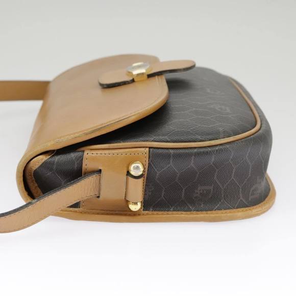 Christian Dior Honeycomb Canvas Shoulder Bag PVC Leather Beige Gold Auth bs18673